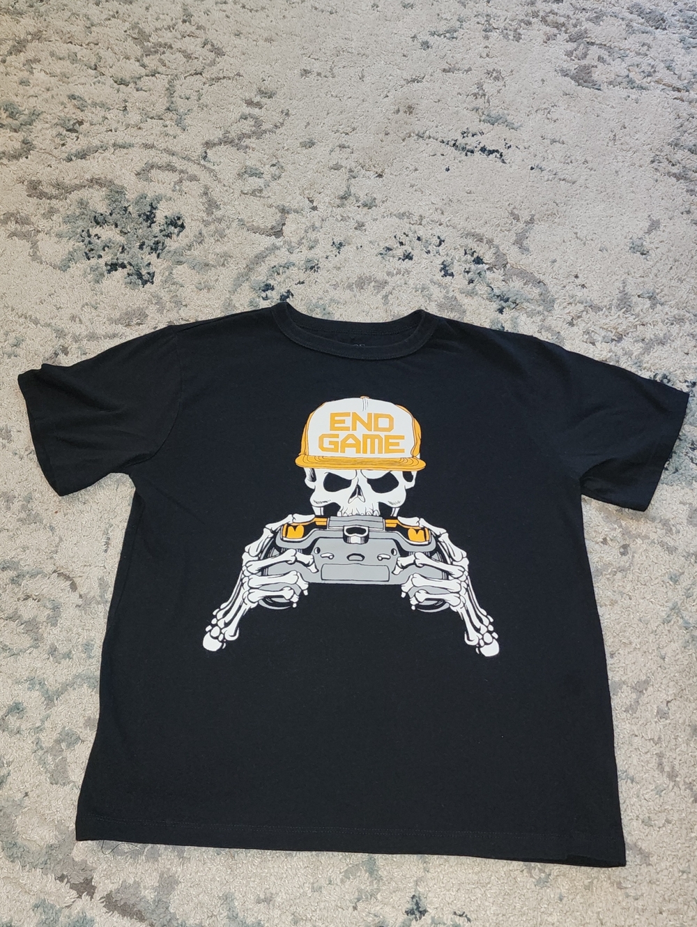 Childrens Place Black Tee with Yellow 'End Game' Skull Graphic